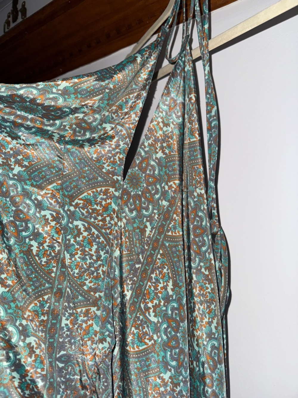 Vintage V Neck Maxi Halter Dress in Teal Paisley